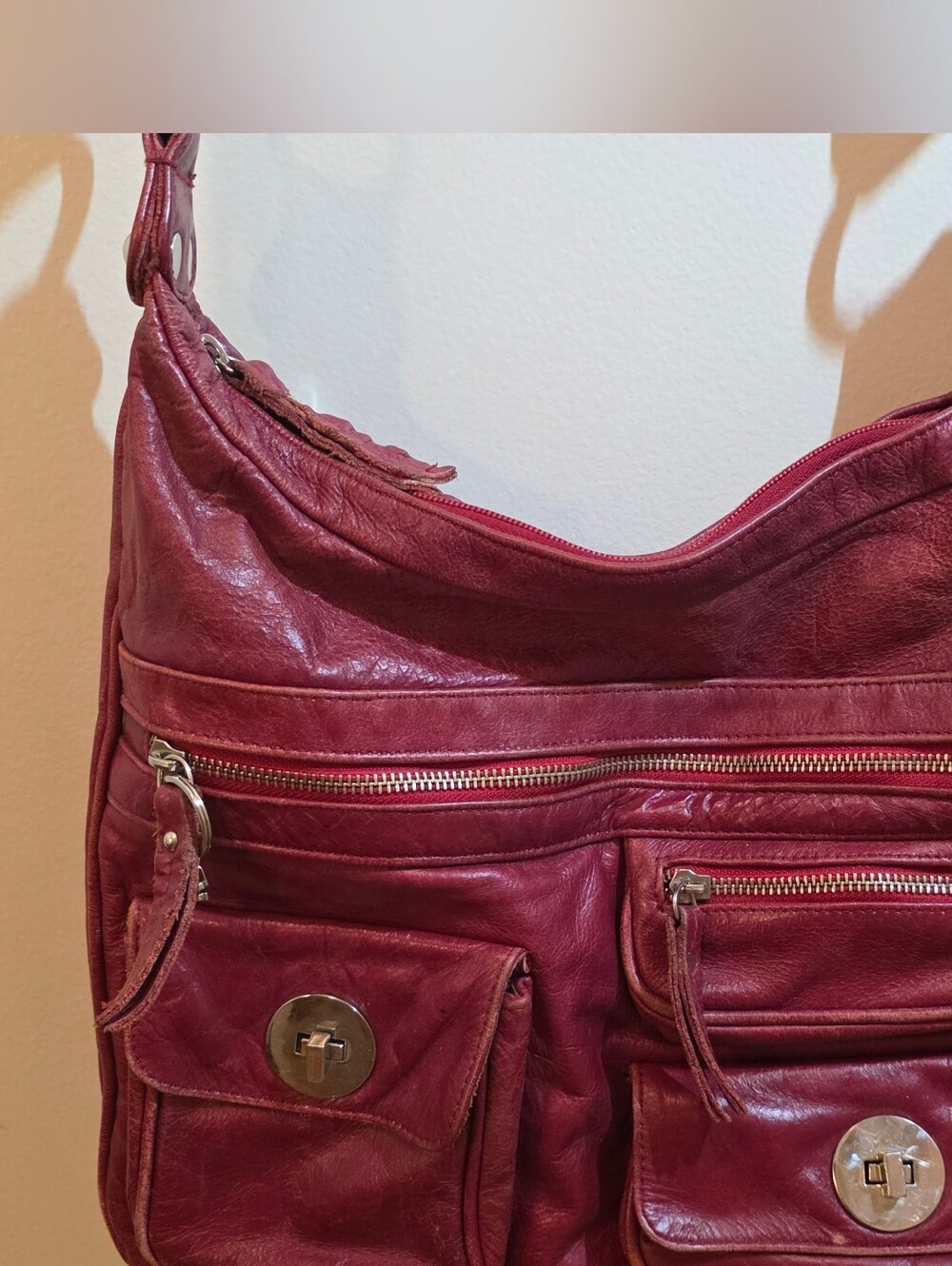 Vintage Danier Red Leather. Multi-Pocket Crossbody Purse